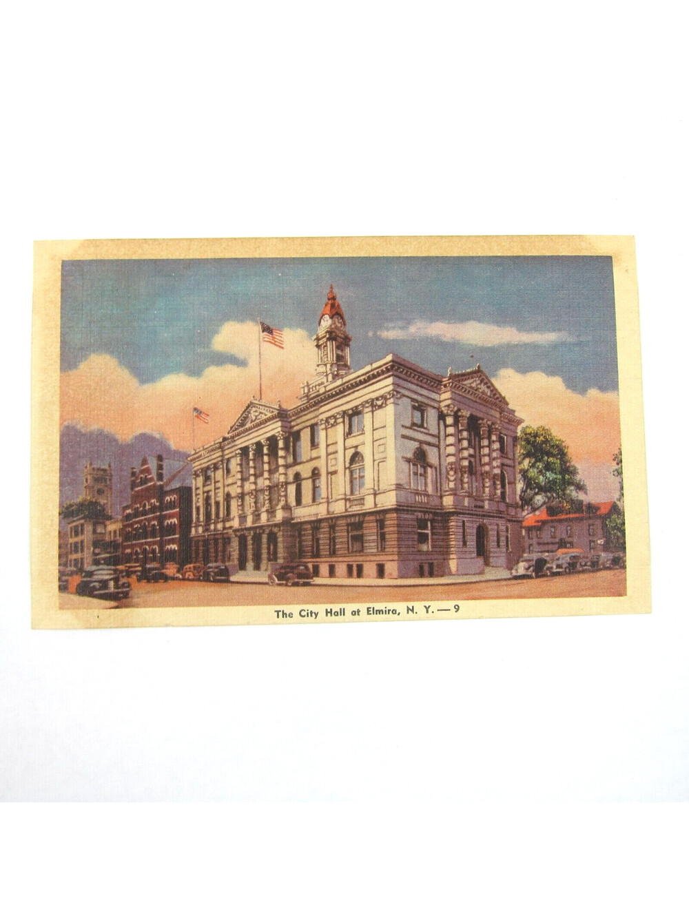 Linen Postcard Elmira New York City Hall Elmira Tobacco Vintage 1940s UNPOSTED